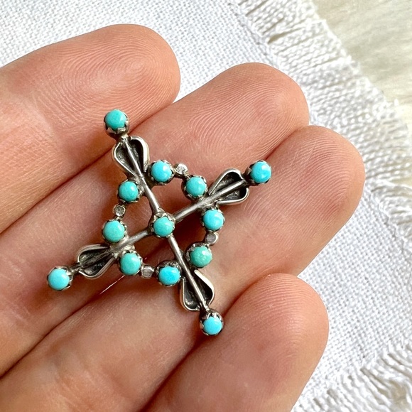 Vintage Jewelry - NATIVE Vintage Turquoise Sterling Zuni Snake Eye Southwestern Brooch Pendant